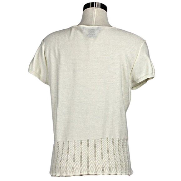 Sweater Short Sleeve Round Split Neck Chevron Hem Patten Ivory Womens Petite XL - Picture 3 of 7